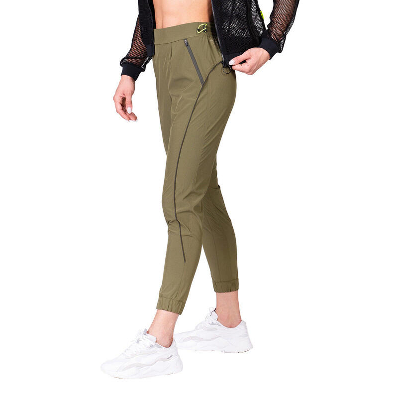 Women Sideband Long Sweatpants with Zipper - Olive