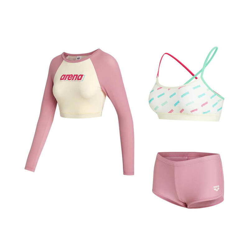 LADIES PASTEL POP BRA TOP SET WITH CROP LONG SLEEVES THIN THERMAL TOP - CREAM