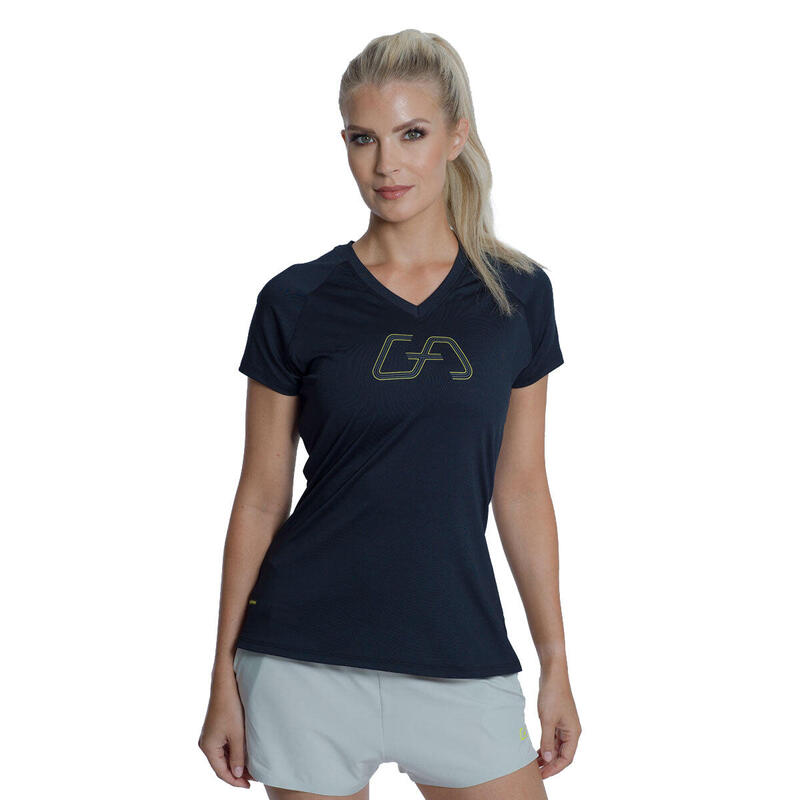 女裝V領大LOGO修身瑜珈健身跑步短袖運動T恤 - 黑色