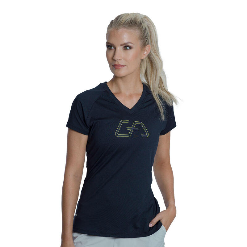 Women GA LOGO V Neck Yoga Gym Running Sports T Shirt Fitness Tee - BLACK