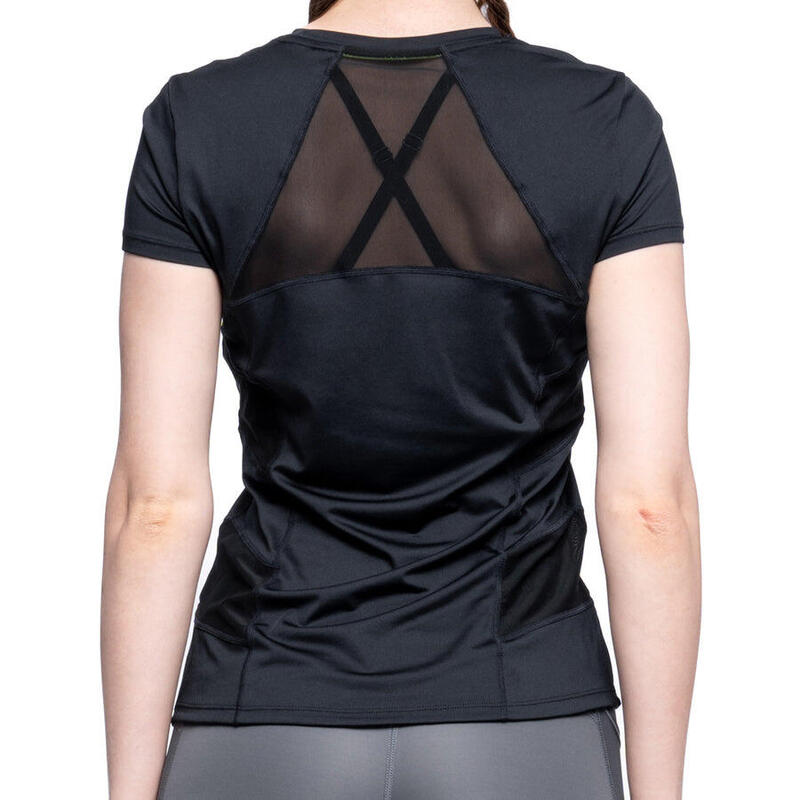女裝網透修身透氣瑜珈健身跑步短袖運動T恤 - 黑色