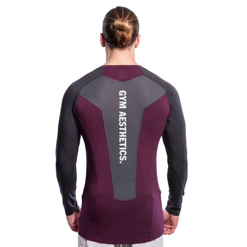 Men Dual-Color Tight-Fit Long Sleeve Gym Running Sports T Shirt Tee - Purple