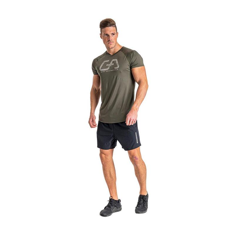 男裝印刷6in1修身跑步健身短袖運動T恤上衣 - 橄欖綠色