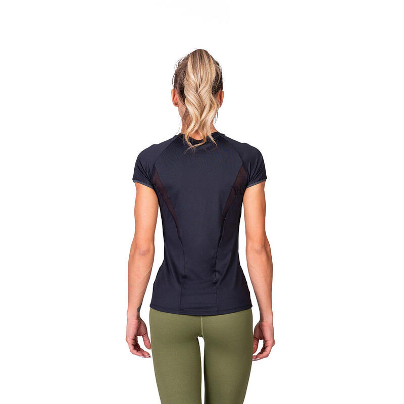 女裝網透修身瑜珈健身跑步短袖運動T恤 - 黑色