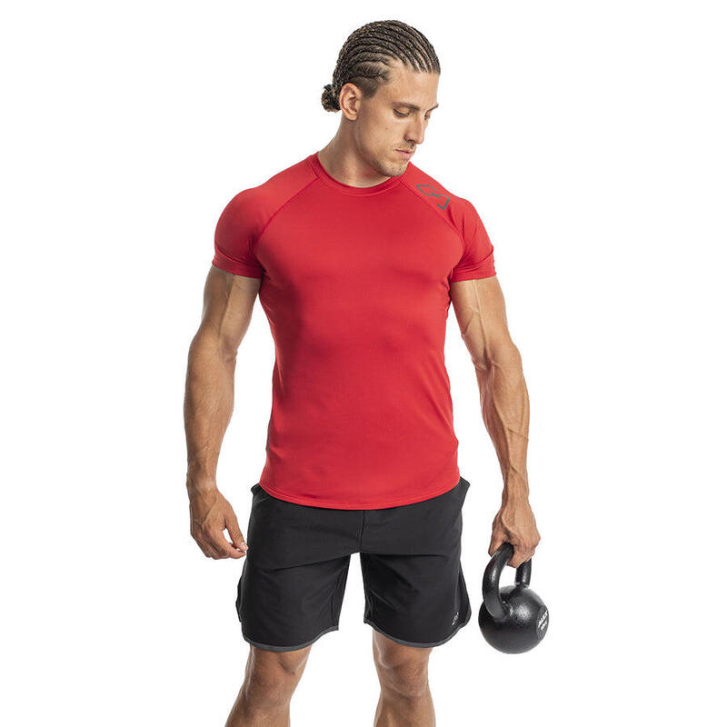 男裝彈性修身跑步健身短袖運動T恤上衣 - 紅色