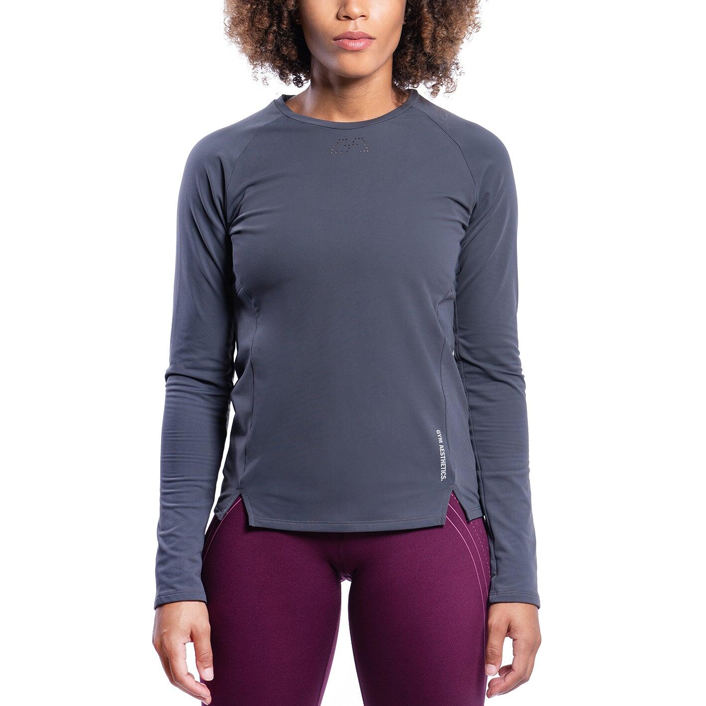 Women Plain Long Sleeve Gym Running Sports T Shirt Tee Charcoal grey