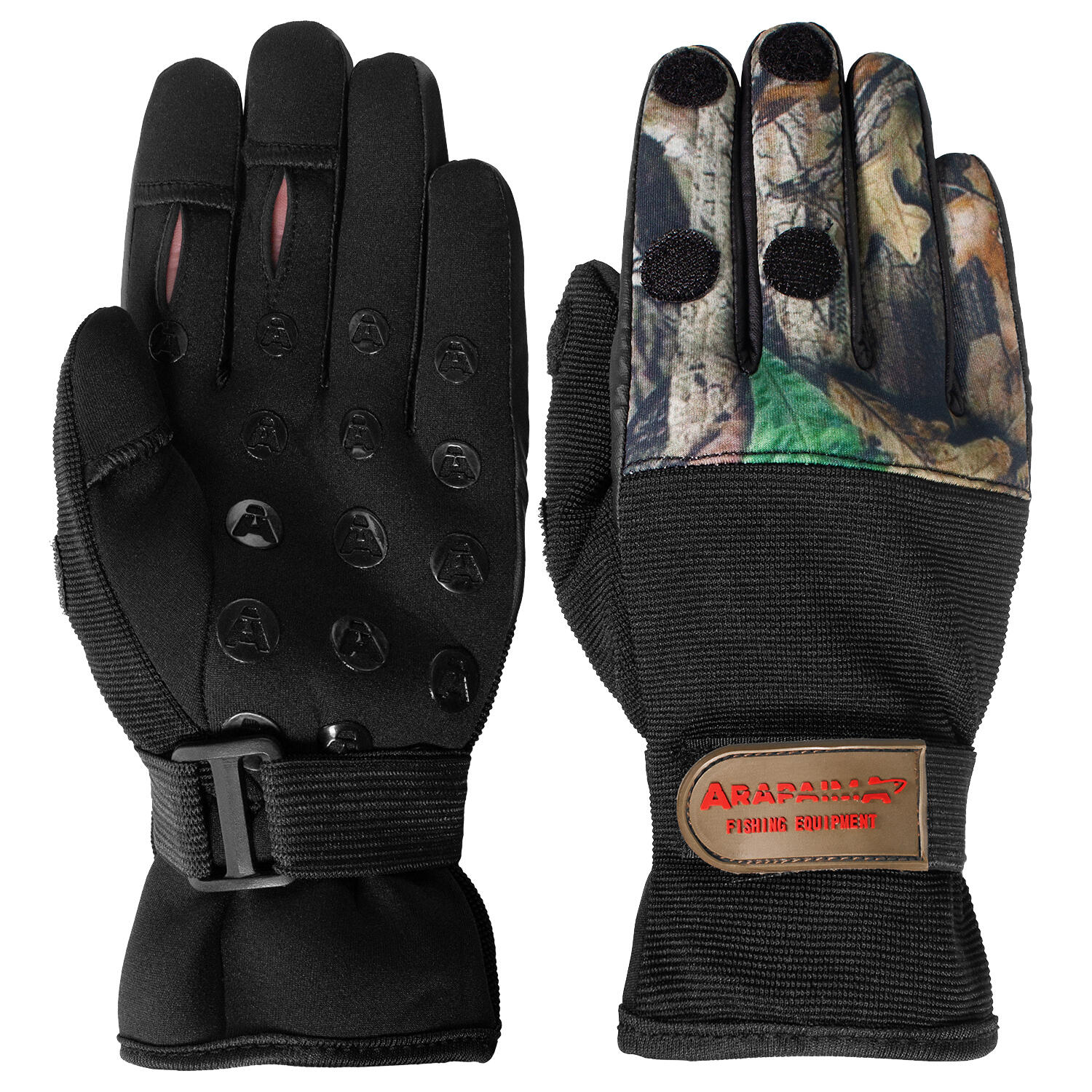 ARAPAIMA FISHING EQUIPMENT Vishandschoenen Neopreen 'wizard' | Opvouwbare vingertoppen | Zwart/Camouflage