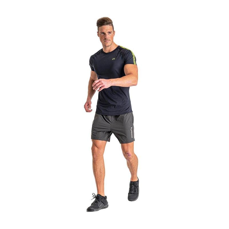 男裝6in1修身彈性跑步健身短袖運動T恤上衣 - 黑色