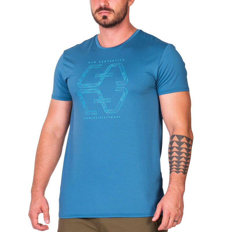 Men MIRROR Loose-Fit Stretchy Gym T Shirt Fitness Tee - BLUE