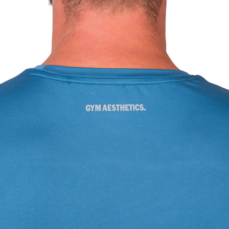 男裝鏡像LOGO彈性健身短袖運動T恤上衣 - 藍色