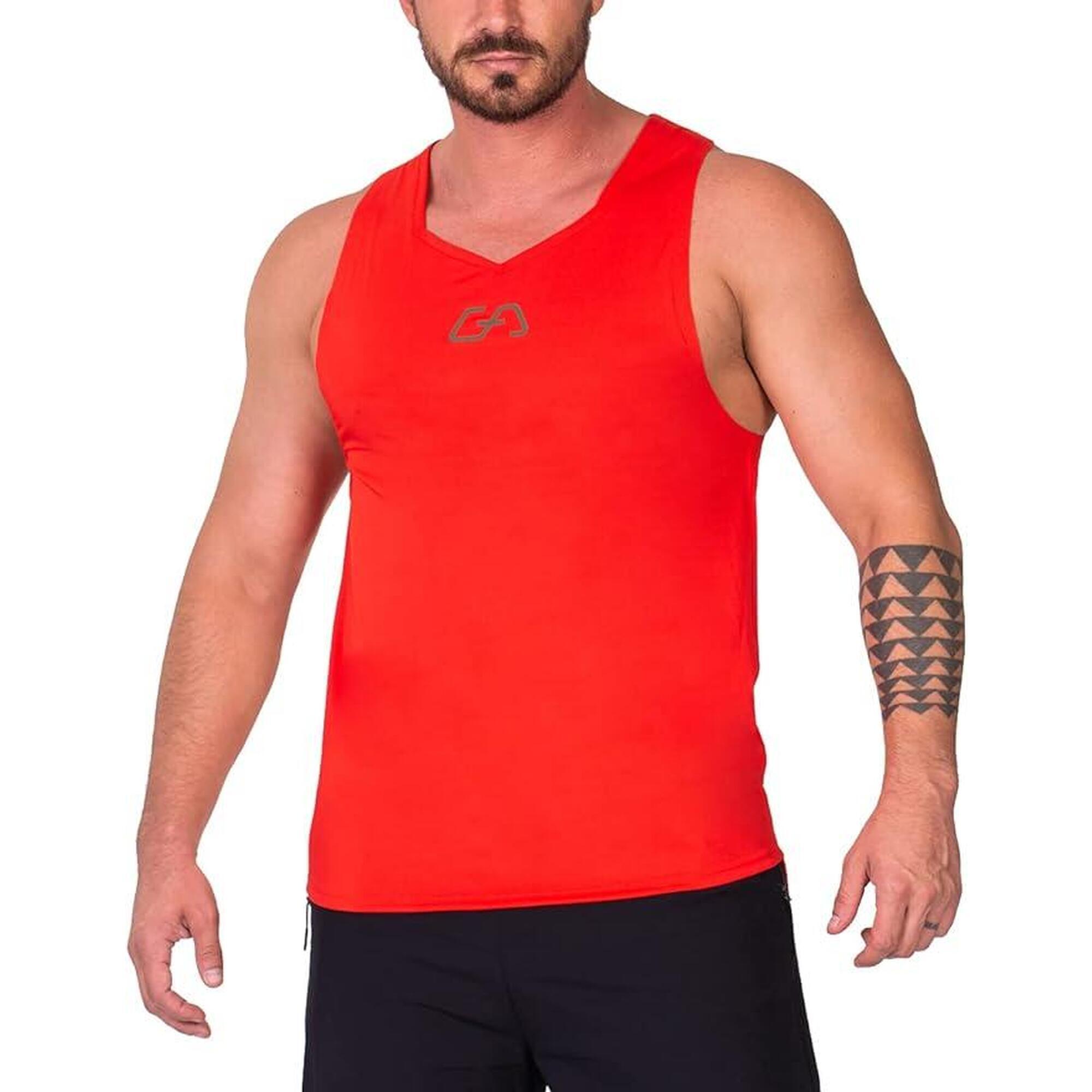 男裝背間條Logo防臭速干健身跑步運動背心 - 紅色