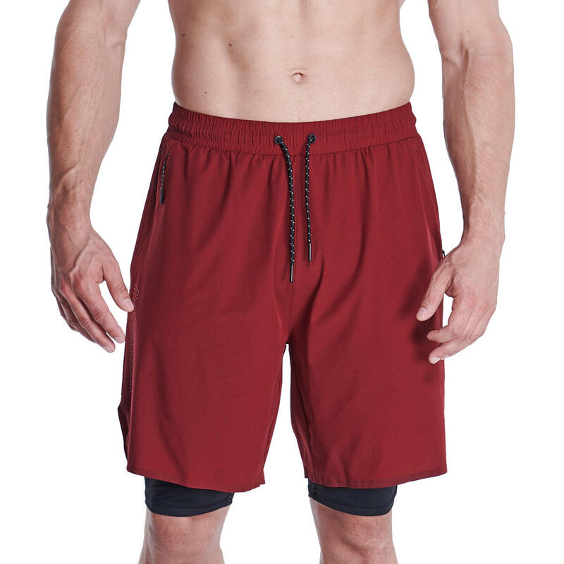 男裝2-IN-1內膽防臭透氣9吋跑步運動短褲 - 紅色