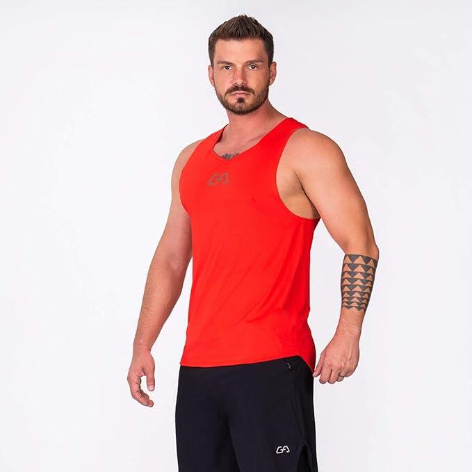 男裝背間條Logo防臭速干健身跑步運動背心 - 紅色