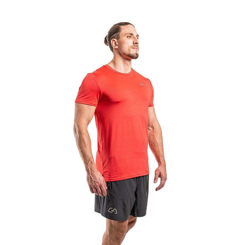 男裝純色6in1修身跑步健身短袖運動T恤上衣 - 珊瑚紅色