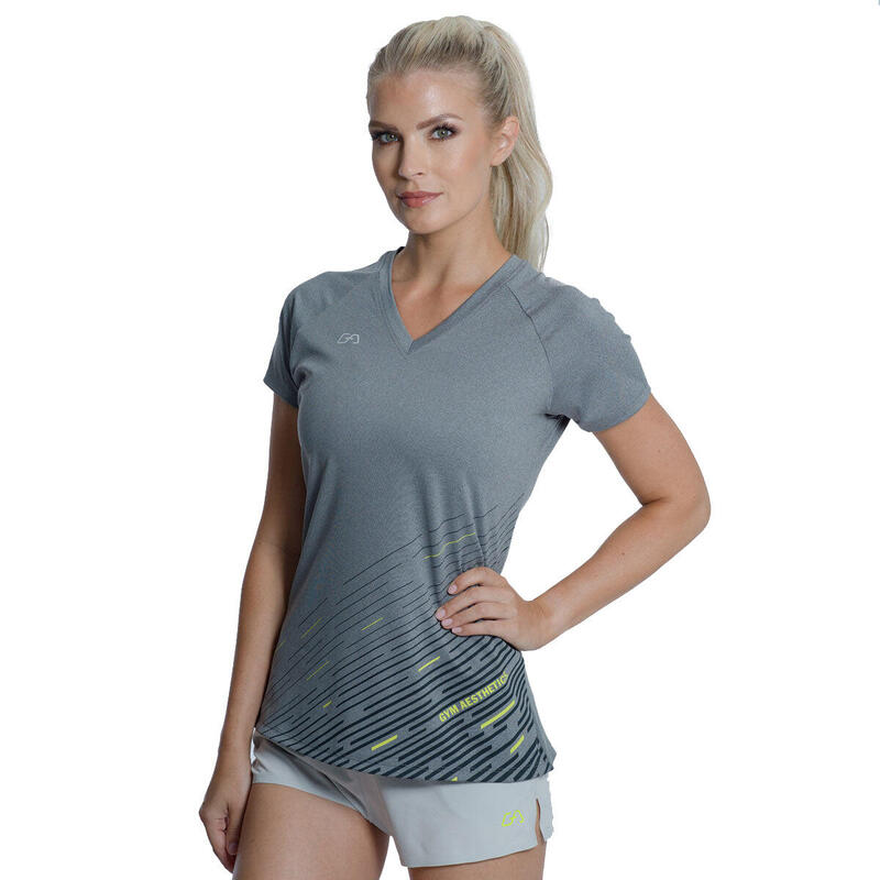 Women V Neck Dri-Fit Yoga Gym Running Sports T Shirt Fitness Tee - GREY