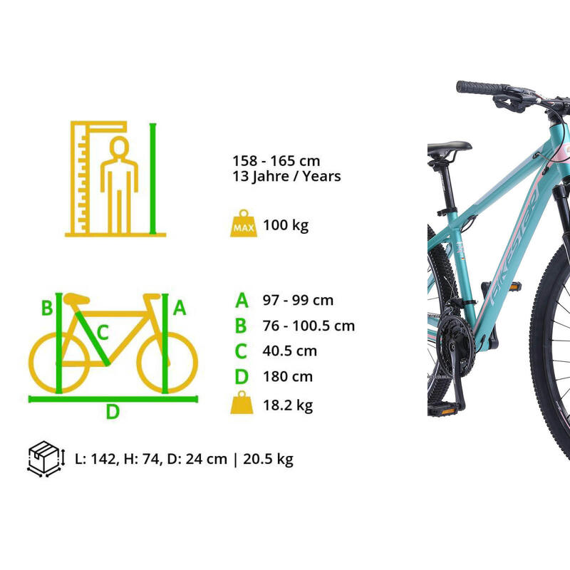 Bikestar Hardtail MTB Alu Sport M 27,5 Inch 21 Speed Turquoise/Roze