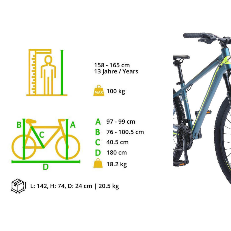 Bikestar 27,5 pouces, VTT sport semi-rigide 21 vitesses, bleu / vert