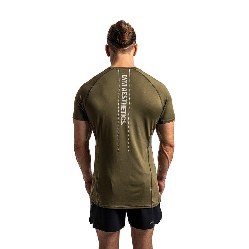 男裝純色6in1修身速乾跑步健身短袖運動T恤上衣 - 橄欖綠色