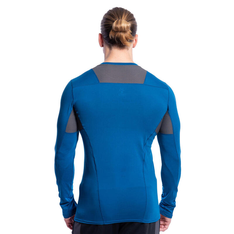 男裝網透設計修身跑步健身運動長袖T恤 - 藍色