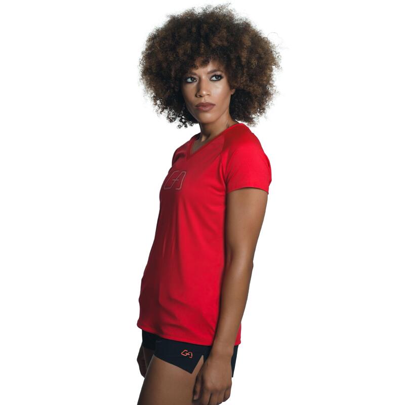 女裝V領大LOGO修身瑜珈健身跑步短袖運動T恤 - 紅色