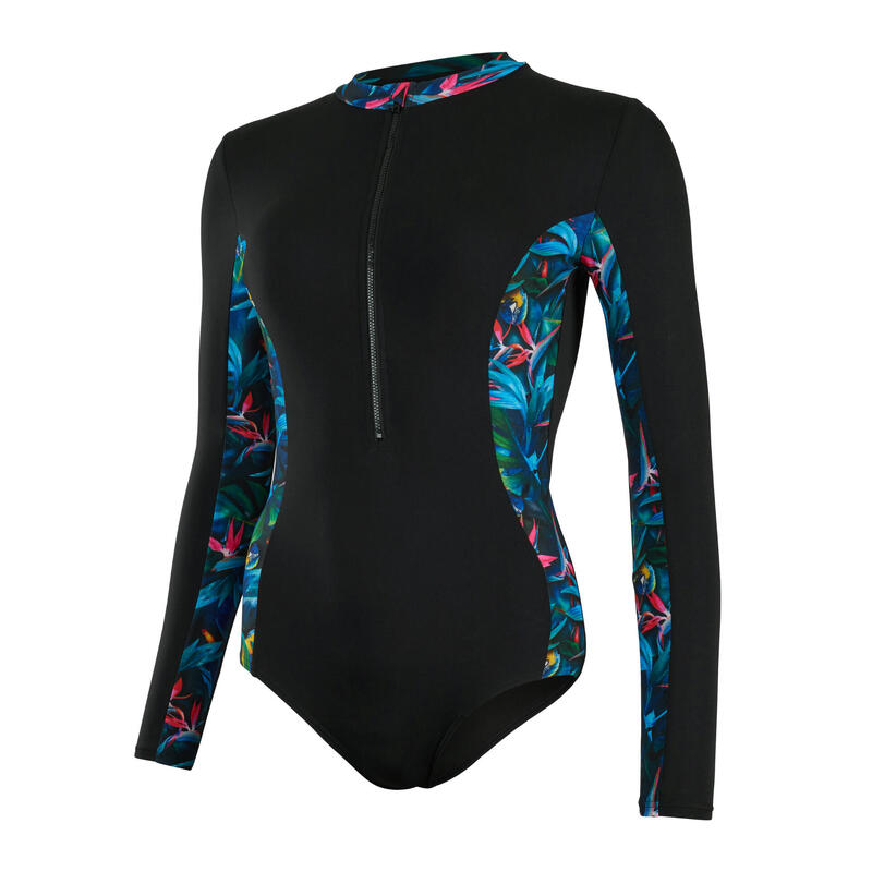 ECO ENDURANCE+ LADIES' PALM & PARROT LONG SLEEVE 1-PIECE SWIMSUIT - BLACK