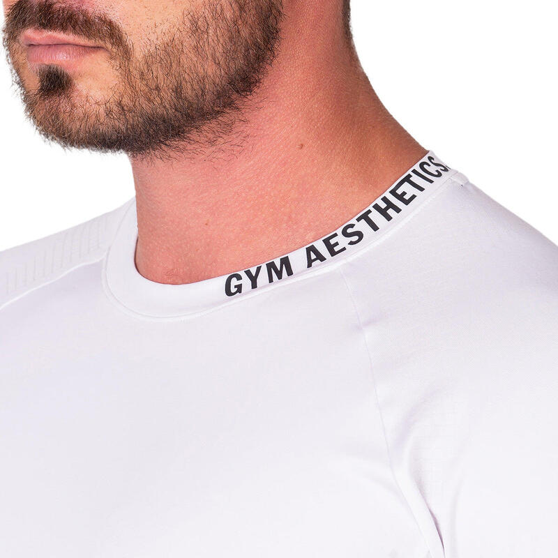 男裝純色修身彈性跑步健身短袖運動T恤上衣 - 白色