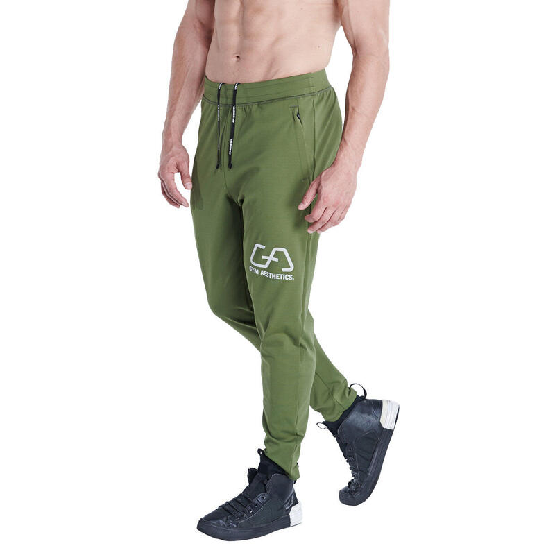 男裝LOGO拉鏈超輕保暖運動長棉褲 - 橄欖綠色