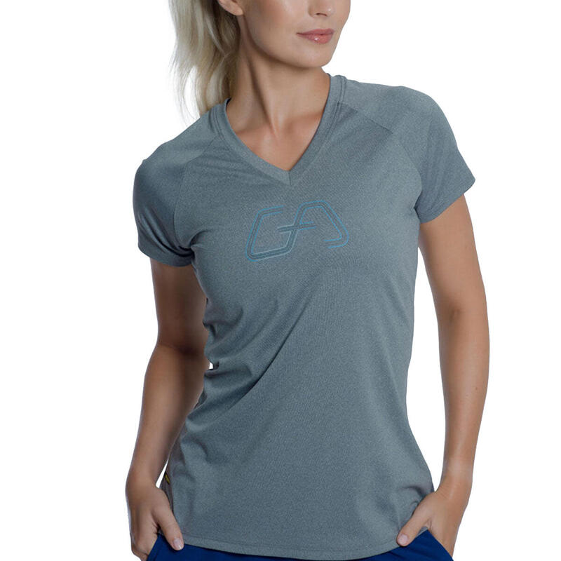 Women GA LOGO V Neck Yoga Gym Running Sports T Shirt Fitness Tee - GREY