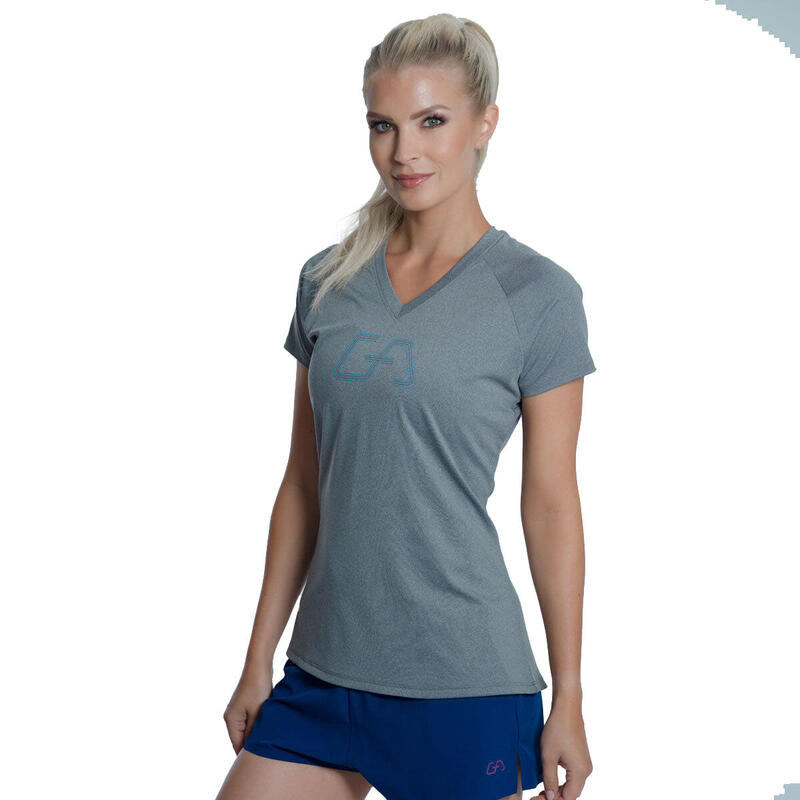 女裝V領大LOGO修身瑜珈健身跑步短袖運動T恤 - 灰色