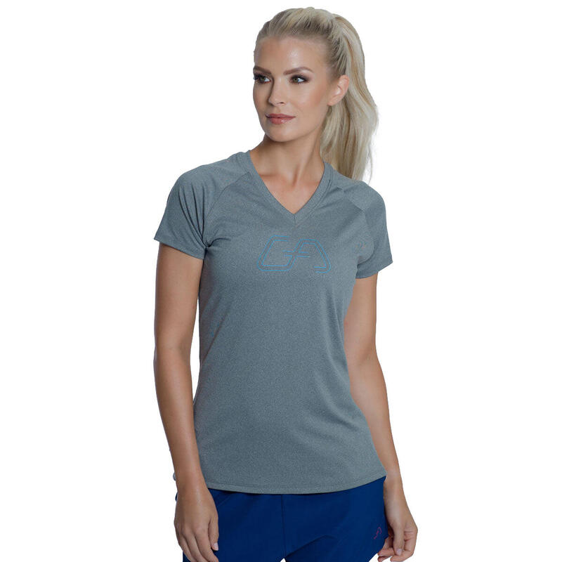 女裝V領大LOGO修身瑜珈健身跑步短袖運動T恤 - 灰色