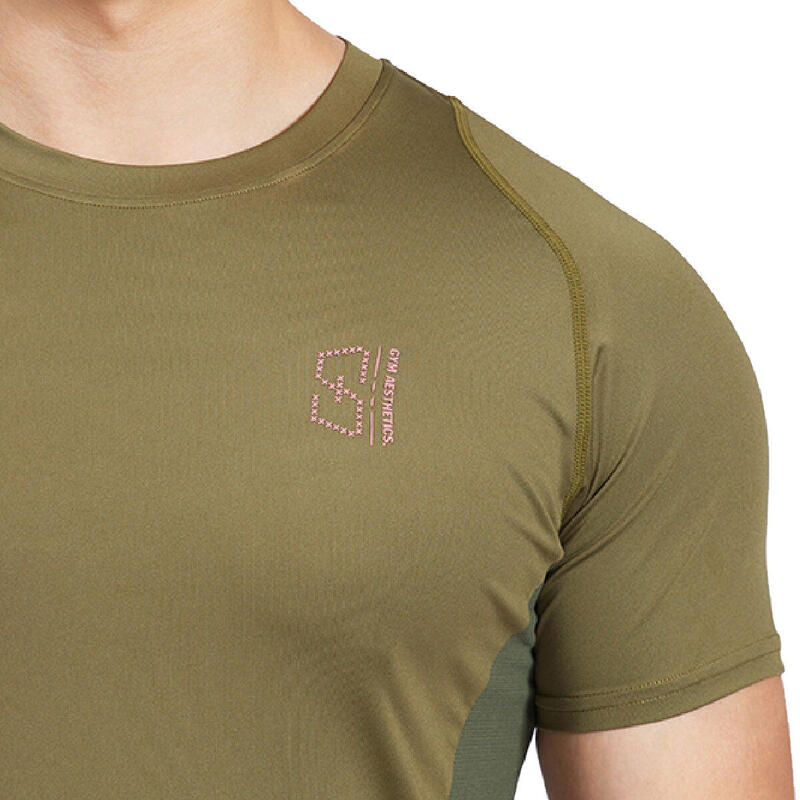 Men LOGO Tight-Fit Stretchy Gym Running Sports T Shirt Fitness Tee - OLIVE