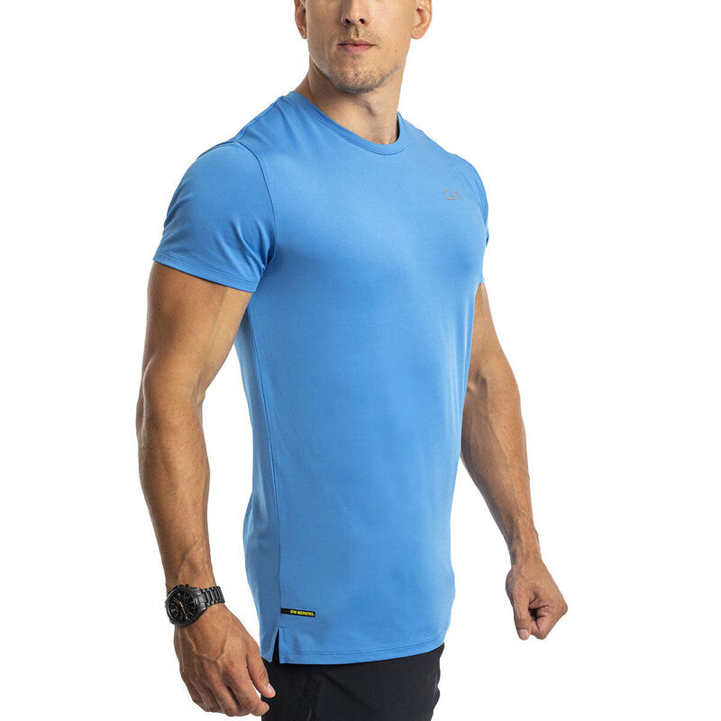 男裝純色修身彈性跑步健身短袖運動T恤上衣 - 藍色