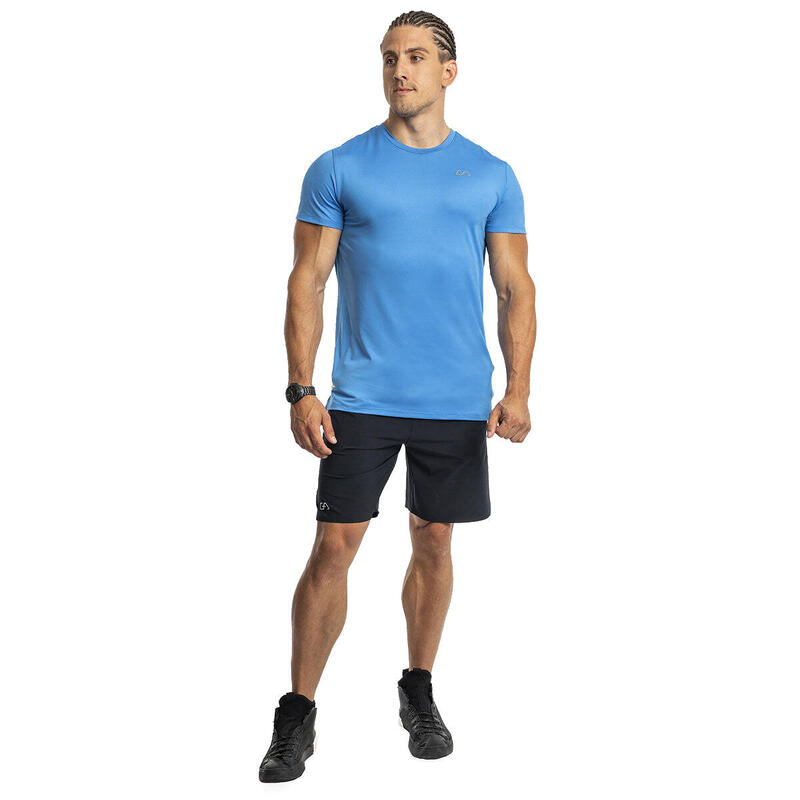 Men Plain Tight-Fit Stretchy Gym Running Sports T Shirt Fitness Tee - BLUE