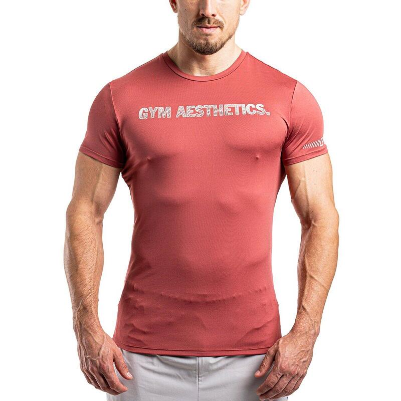 男裝單印修身彈性跑步健身短袖運動T恤上衣 - 珊瑚色