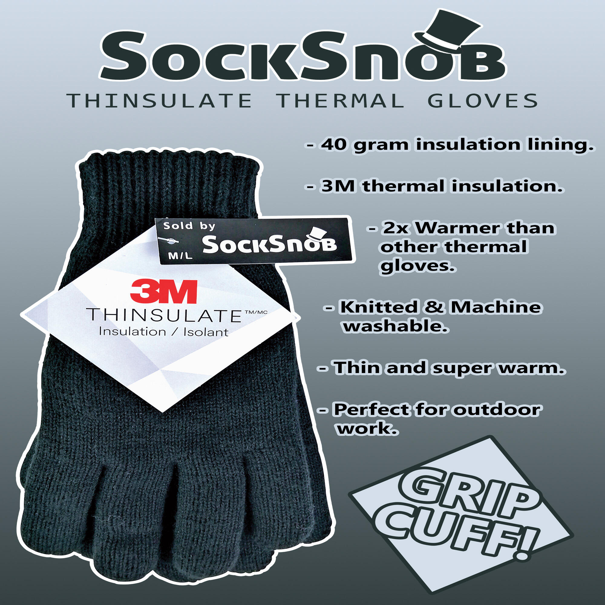 Mens 3M Black Thinsulate Thermal Lined Winter Gloves 3/3