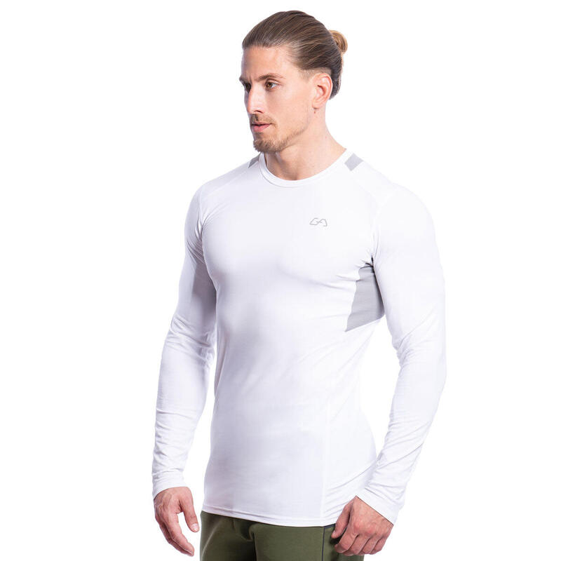 男裝網透設計修身跑步健身運動長袖T恤 - 白色