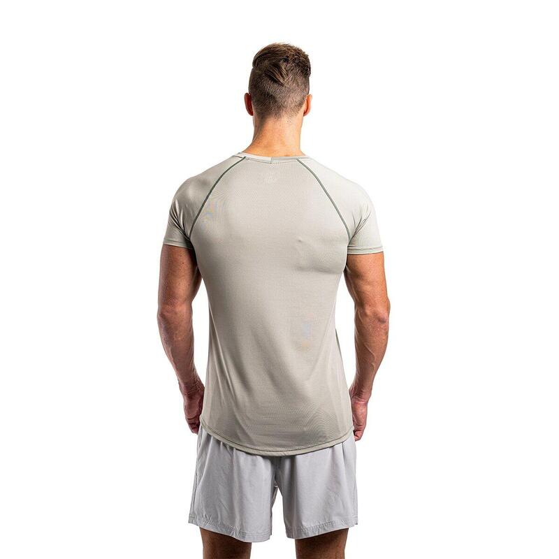 Men GA Logo Tight-Fit Gym Running Sports T Shirt Fitness Tee - BEIGE