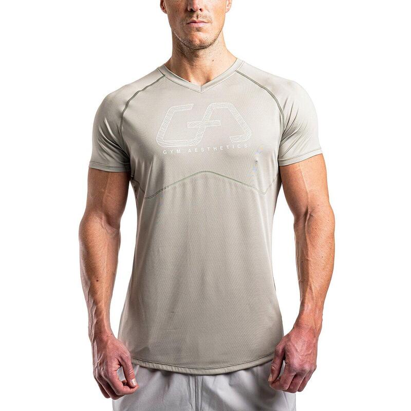 Men GA Logo Tight-Fit Gym Running Sports T Shirt Fitness Tee - BEIGE