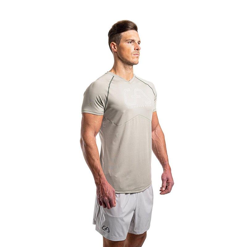 Men GA Logo Tight-Fit Gym Running Sports T Shirt Fitness Tee - BEIGE