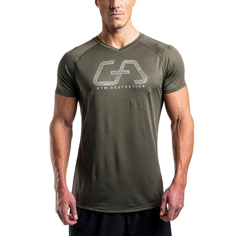 男裝印刷6in1修身跑步健身短袖運動T恤上衣 - 橄欖綠色