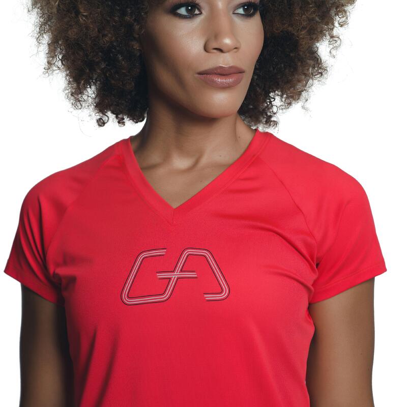 Women GA LOGO V Neck Yoga Gym Running Sports T Shirt Fitness Tee - Bright red