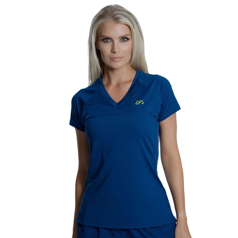 女裝純色V領修身瑜珈健身跑步短袖運動T恤 - 軍藍色