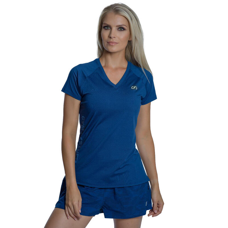 女裝純色V領修身瑜珈健身跑步短袖運動T恤 - 軍藍色