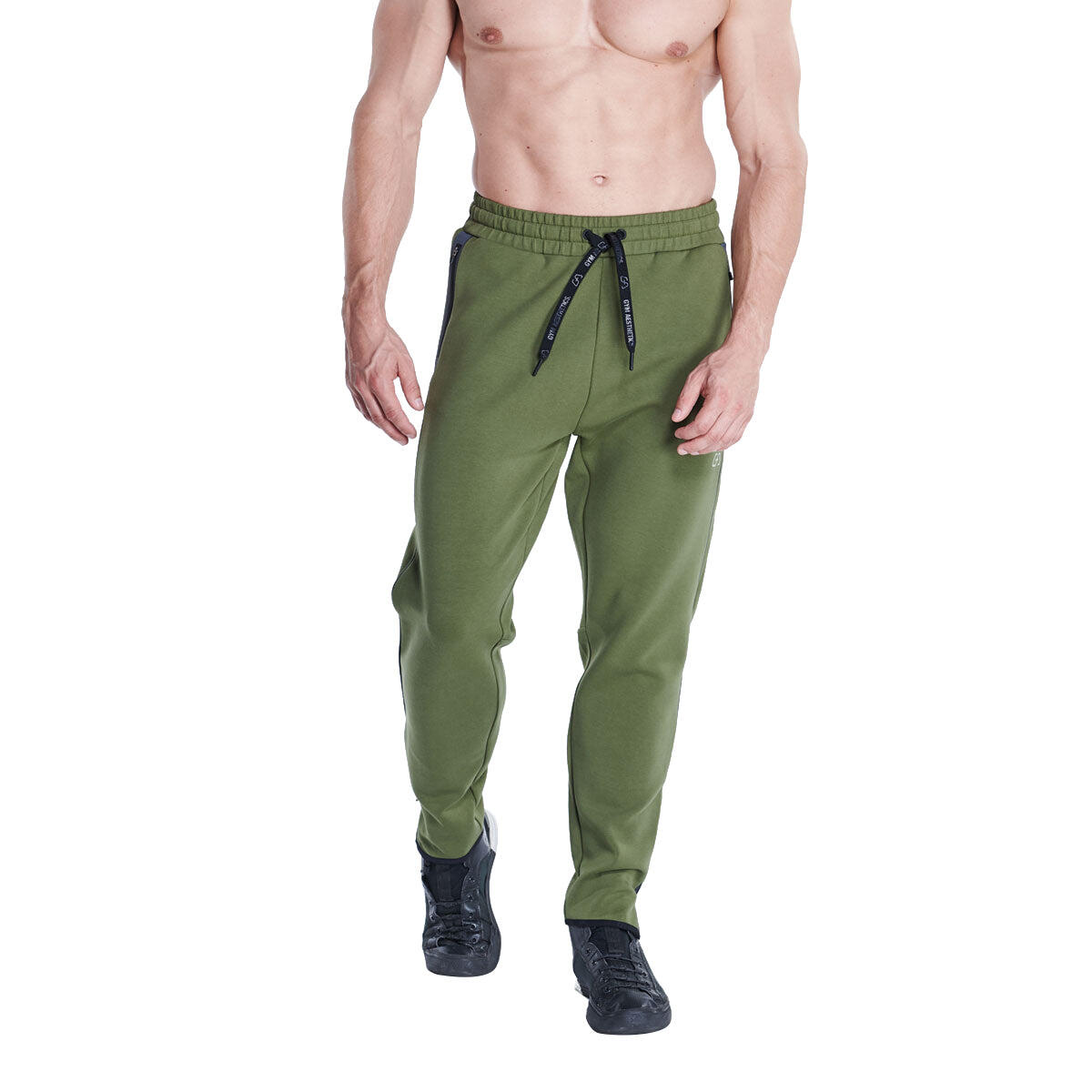 Men GA Logo Coldproof Long Sweatpants Sports Cotton Pants with Zipper Olive