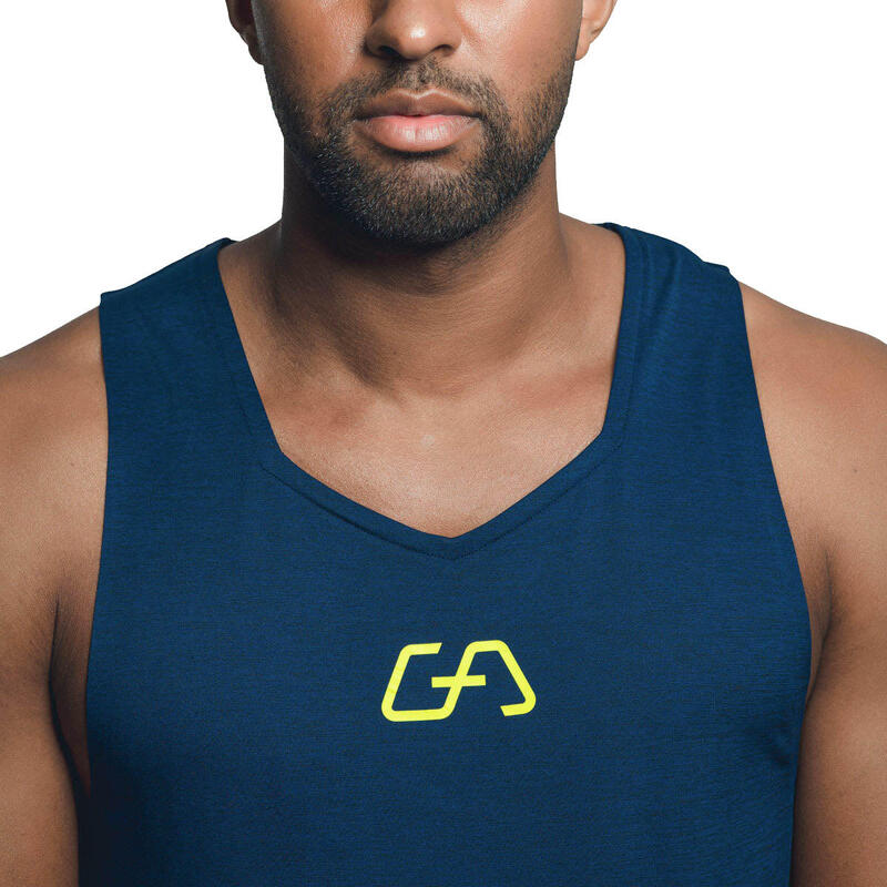 男裝背間條Logo防臭速干健身跑步運動背心 - 軍藍色
