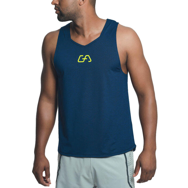 男裝背間條Logo防臭速干健身跑步運動背心 - 軍藍色