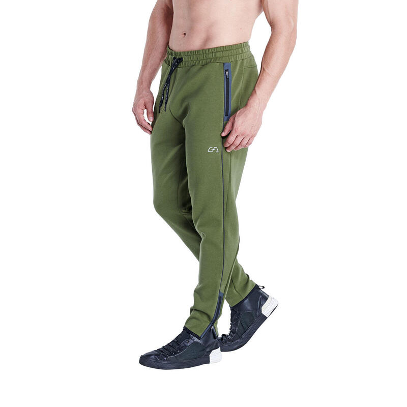 Men GA Logo Coldproof Long Sweatpants Sports Cotton Pants with Zipper - Olive