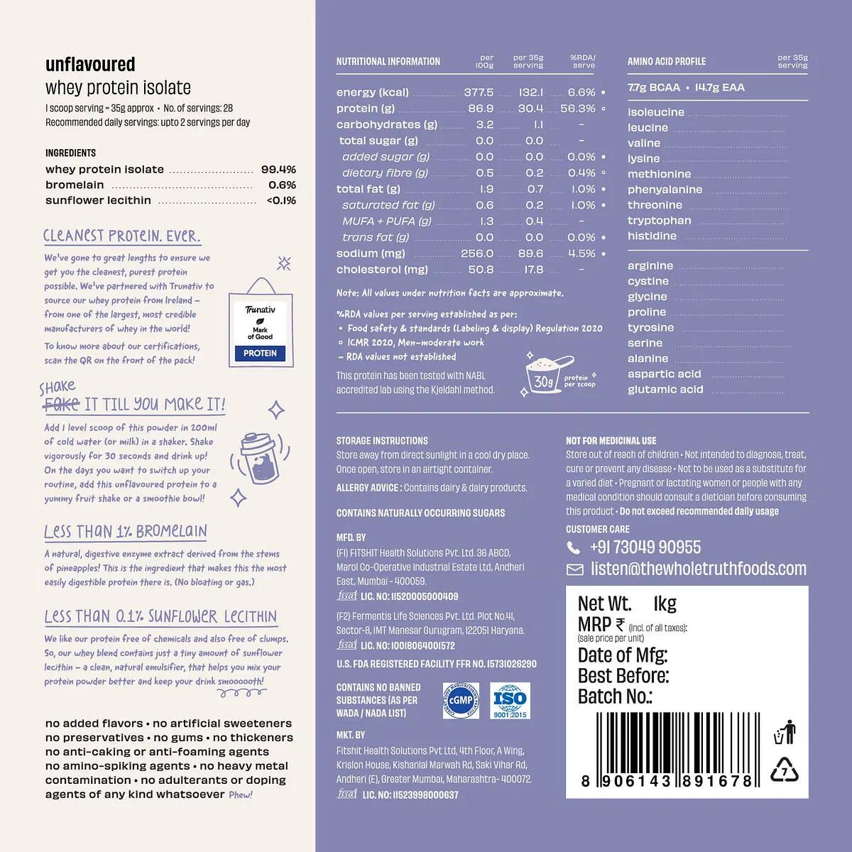 The Whole Truth Protein powder Unflavoured Isolate 30g Protein