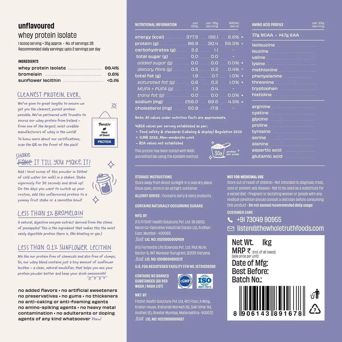 The Whole Truth Protein powder Unflavoured Isolate 30g Protein -  4