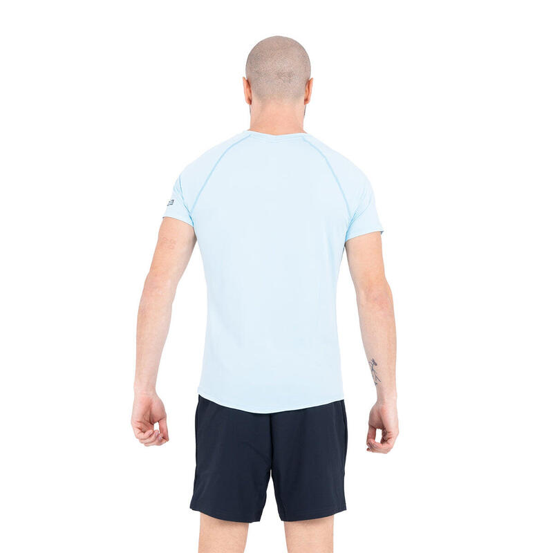 男裝LOGO修身V領跑步健身短袖運動T恤上衣 - 天藍色